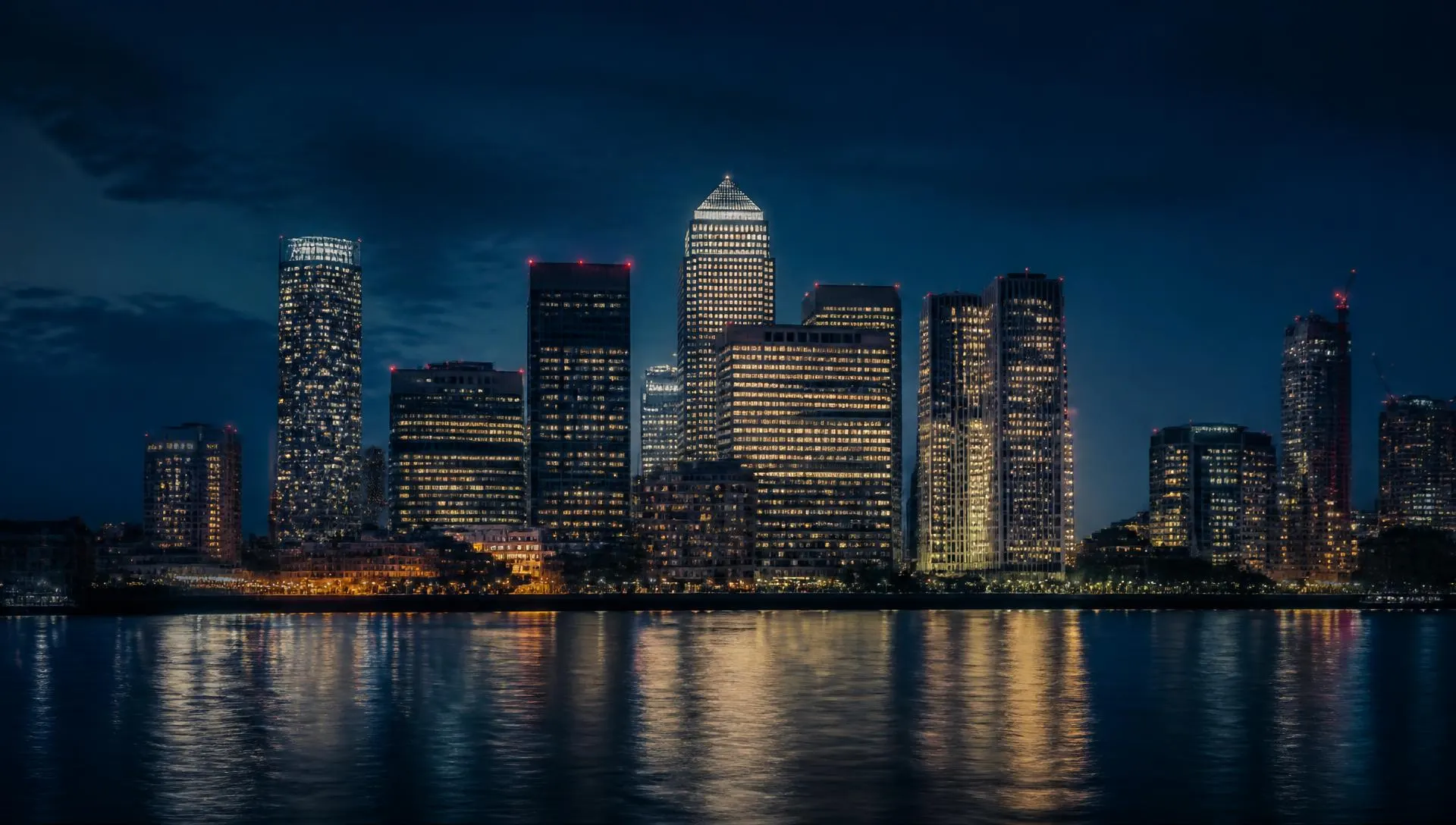 Canary Wharf London skyline at night