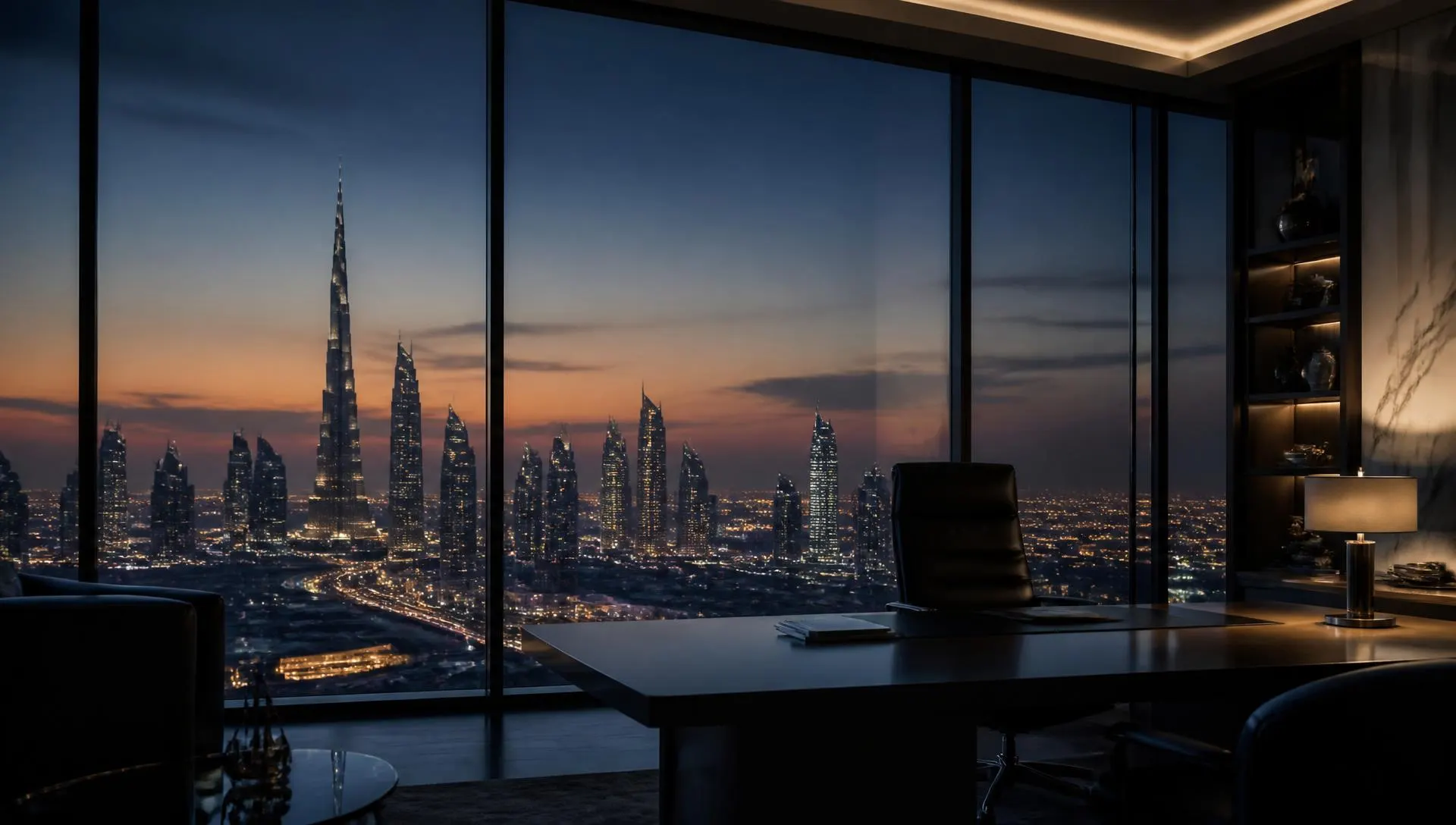 Dubai skyline at dusk seen from an executive office