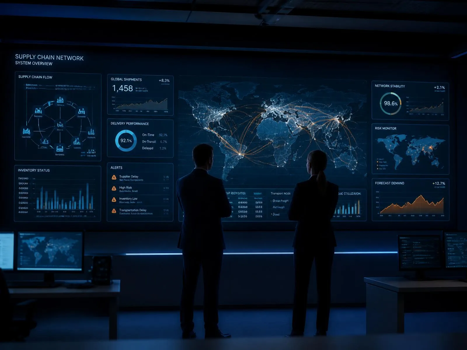 Supply chain network control room with live system dashboards