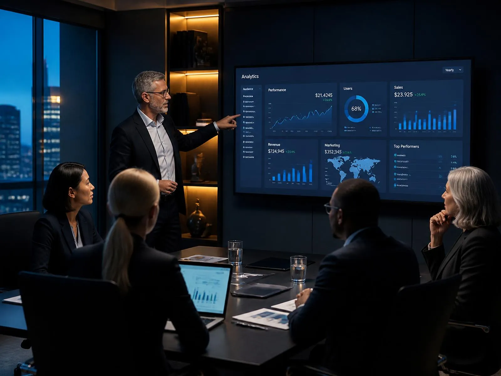 Senior executives reviewing performance dashboards in a modern boardroom
